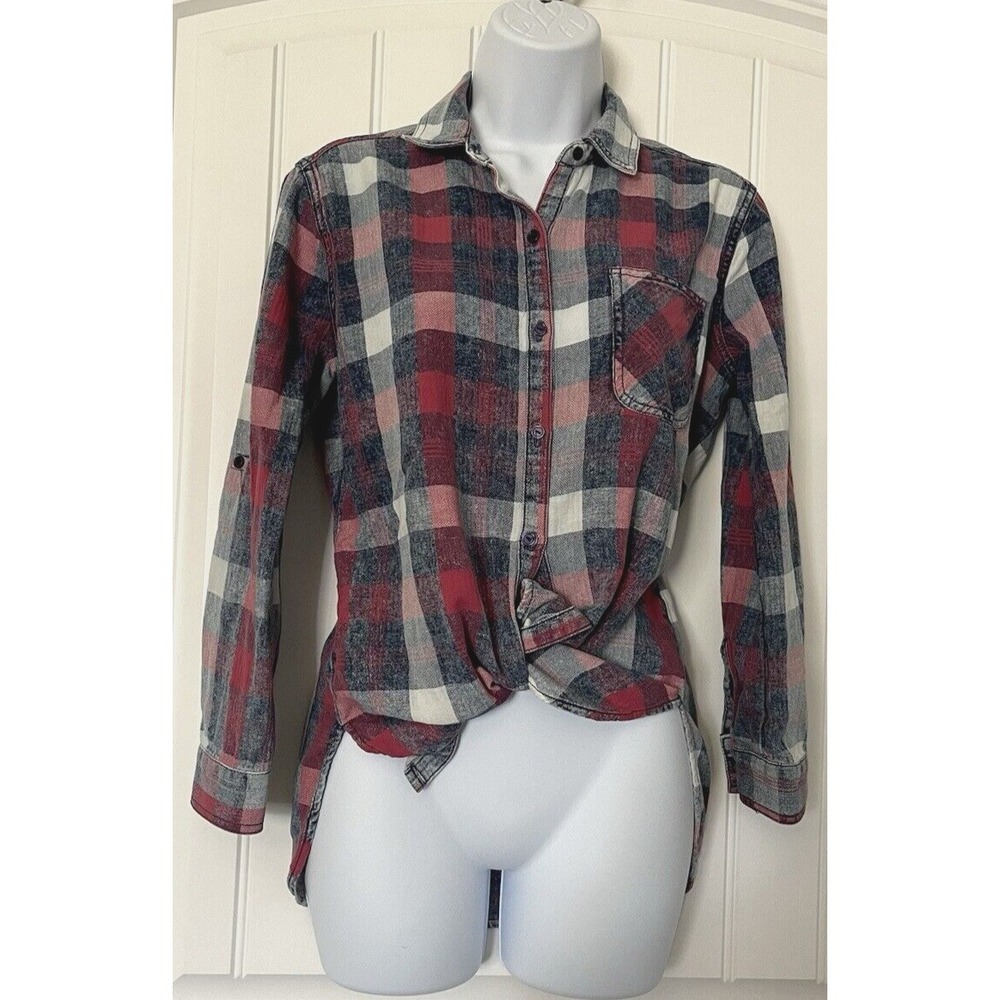 SNEAK PEEK Women Small Red Plaid Long Roll Tab Sleeve Button Down Shirt
